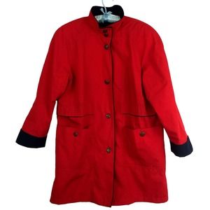 Vintage Misty Harbor Trench Coat Raincoat Size 10P Petite Hood Lined Red Blue